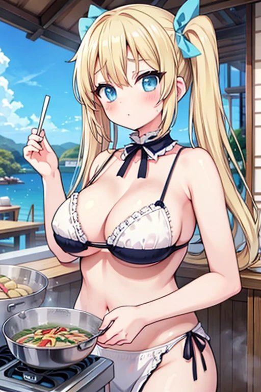 Blonde with blue eyes、maidbikini staff、Large Breasts、Twin tails、Girl Brat,Large Breasts,Cute eyes,Puffy eyes,seasidecafe,yakisoba cooking,outdoor kitchen,