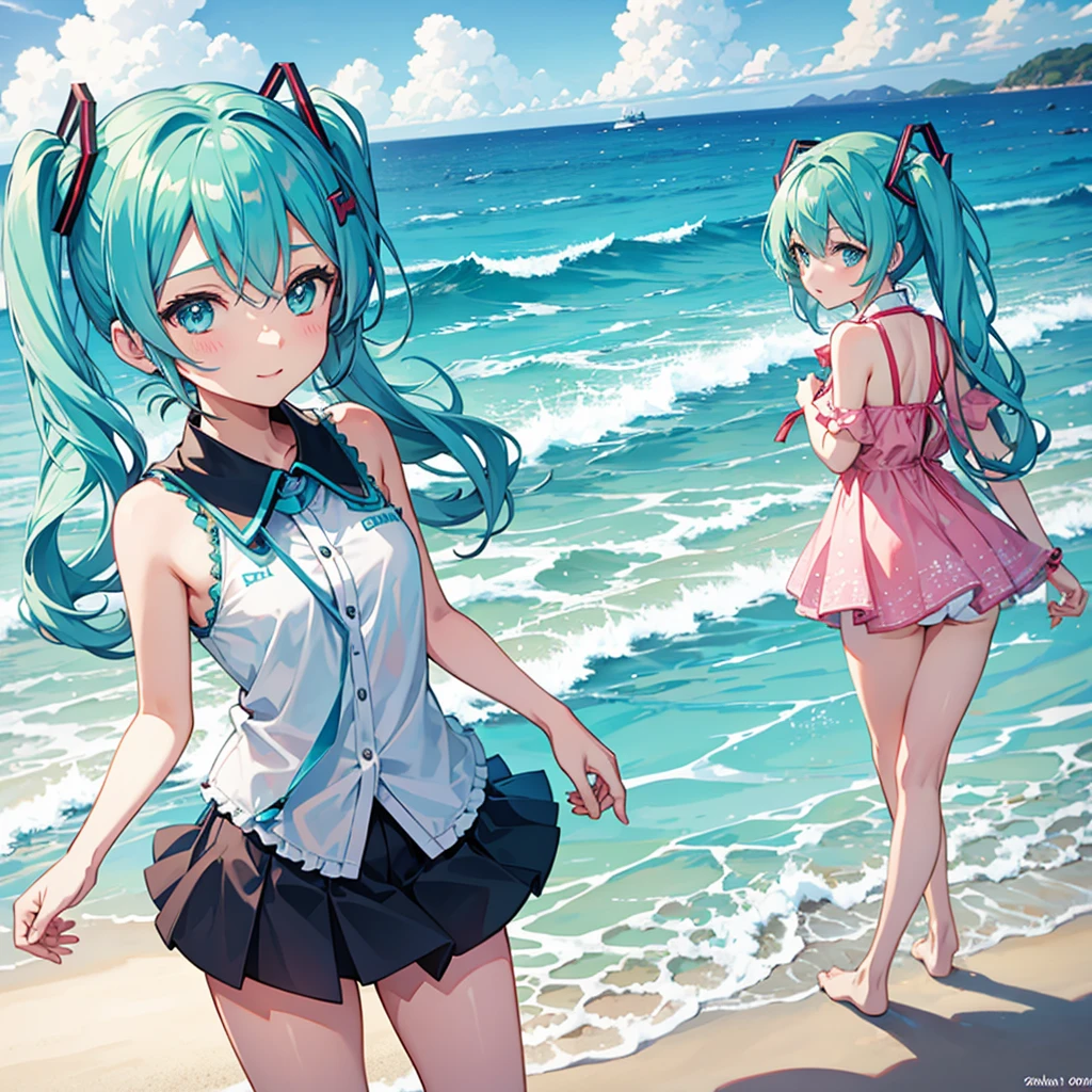 Ram-chan,invader,Very small micro underwear,Face forward and spread your legs wide., Big Ass,Resort Beach, Palm tree,sun, Highest quality, High definition, Orange eyes, Beautiful Eyes, beautiful girl, Big Breasts, blush,(It has two small demon horns on its head.),Sunlight shining from the front,Big Breasts,Underwear is biting into,smile,Her hair is turquoise green.(,With its mouth open, sharp canines are visible.,)White lace bra and white lace panties,Your underwear is wet and transparent,Low-rise see-through panties,