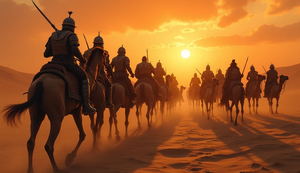 A dramatic scene in a desert landscape where three groups of fierce, armored Chaldean warriors are attacking a group of camels. The Chaldeans are using swords to slay the servants who are trying to protect the animals. The camels, adorned with saddlebags, are being led away by the attackers. The setting sun casts long shadows, highlighting the tension and urgency of the moment. The sky is a deep orange, adding a sense of foreboding to the scene.