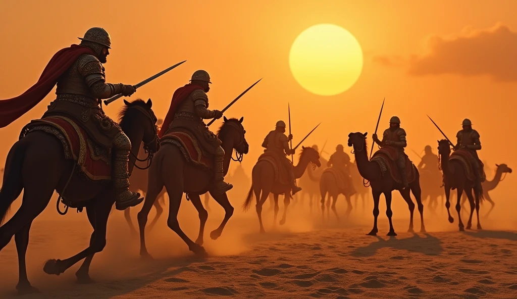 A dramatic scene in a desert landscape where three groups of fierce, armored Chaldean warriors are attacking a group of camels. The Chaldeans are using swords to slay the servants who are trying to protect the animals. The camels, adorned with saddlebags, are being led away by the attackers. The setting sun casts long shadows, highlighting the tension and urgency of the moment. The sky is a deep orange, adding a sense of foreboding to the scene.