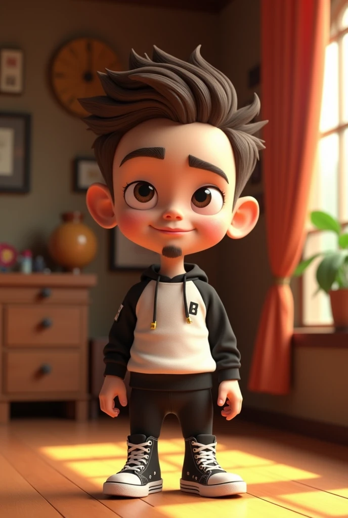 3D pixar style, a 2 young man, white, thin face, thick lips, small brown eyes. White skin, brown wavy hair. Thin goatee In a black and white sweatshirt, black sneakers, with a gold ring on his left finger holding a chaco. In a nunchako room style environment. he have a badboy expression
cabelo curto