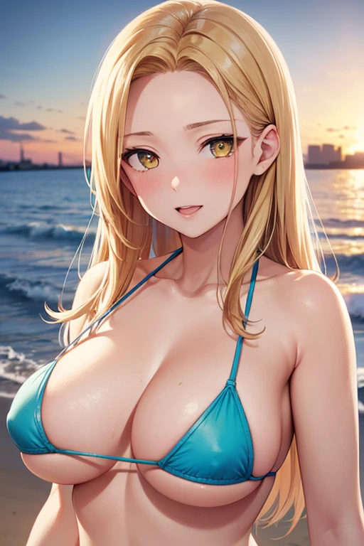 One Woman, Highest quality, masterpiece, Super Resolution, super high quality, Large Breasts, Idol, Beauty, ((From the front 1.2)), Cleavage, 8k, High resolution eyes, High-resolution contours, ((Forehead visible 1.3)), Stylish, High-resolution pupils, blush,  High resolution face, High resolution breasts, Ultra HD, Open your mouth, Upper Body, High resolution mouth, Sexy body, ((coolな顔1.2)), ((Hanging 1.2)), Broken bangs, Yellow Eyes, model, Mature Woman, Adult women, Beautiful clavicle, High resolution hair, Mother, maternal,  Married Woman, couple, super beautiful, Charm, Alluring, Blonde, Textured skin, Textured Breasts, Micro Bikini, Underboob, Sideboob, Beach, sunset, cool, Adult face, 