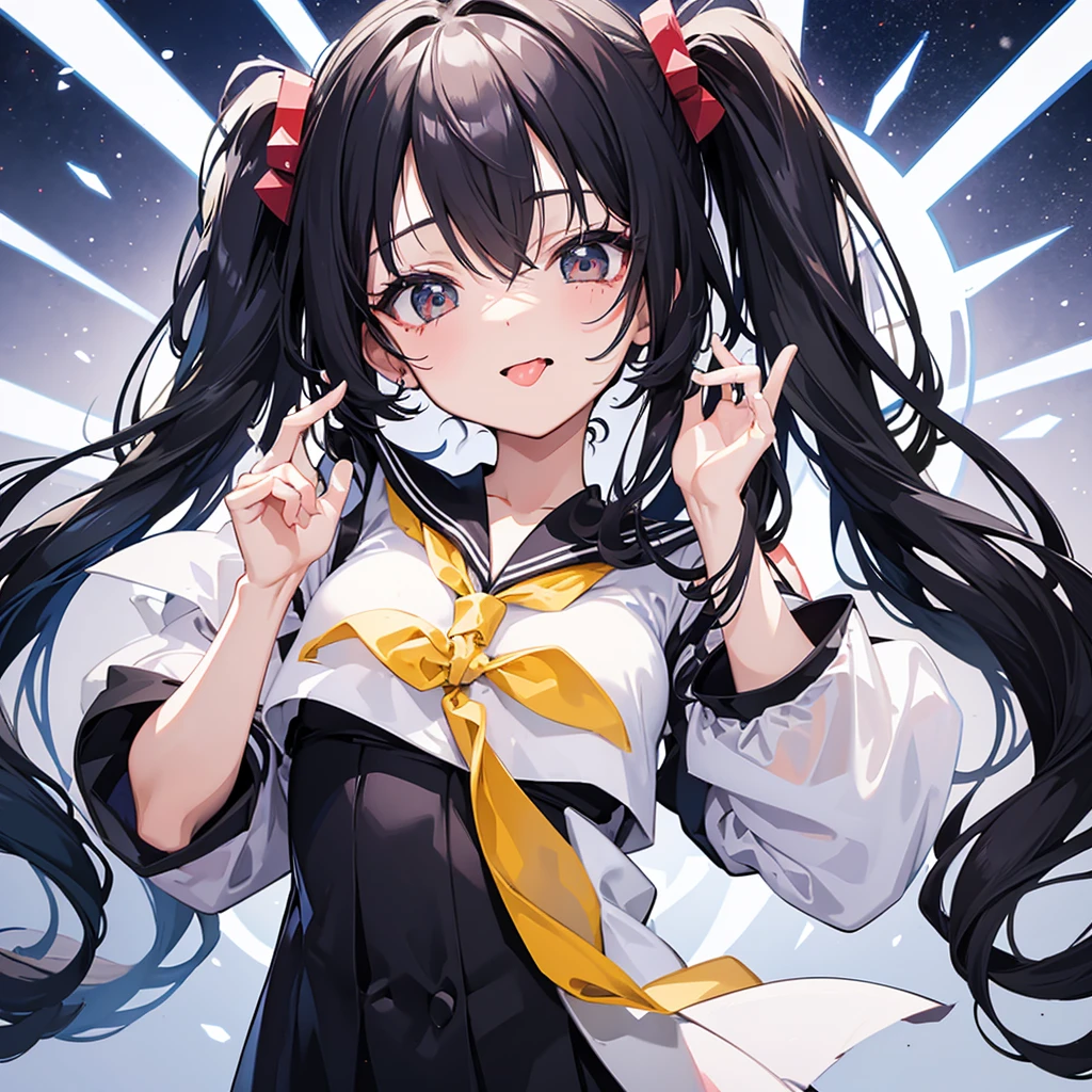 Vampire, yellow ribbon sailor shirt, yellow eyes, white skirt, black hair, french braid, white thighhighs, fangs, mischievous smile