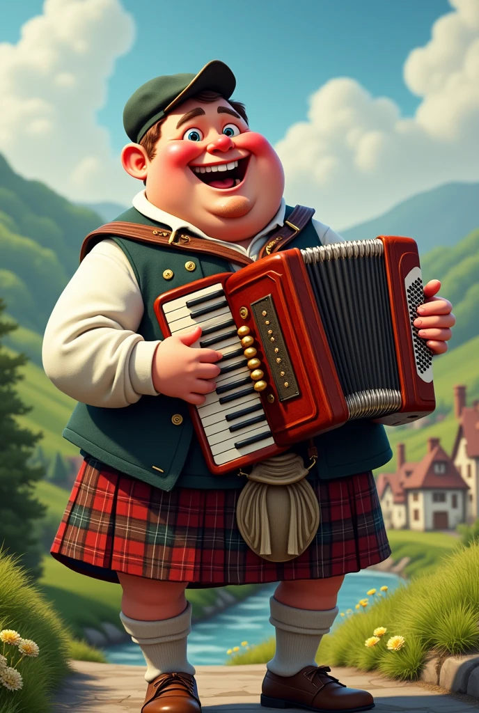 Chubby accordion player dressed as a Scottish man
