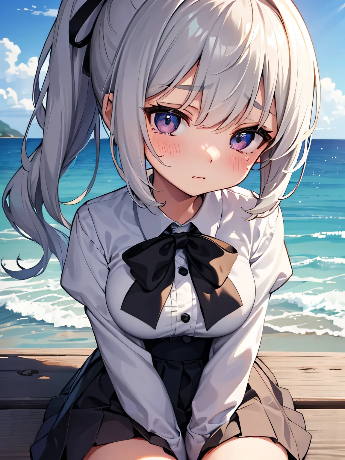 Highest quality、High resolution、Detailed Background、(Beautiful face in every detail:1.4)、Anatomically correct、Highly detailed face、Detailed eyes、Teenage beauty、(Huge breasts:1.2)、Perfect body line、Light color hair、Bobcut、ponytail、Wavy Hairstyle、well-groomed eyebrows、Cute JK Uniform、A melancholy atmosphere、
The seaside covered in a dark grey sky、My hair swaying in the wind、It highlights the girl's lonely expression.、The figure of a girl walking slowly alone on the beach seems to symbolize the loneliness of autumn.、
While being blown by the sea breeze、There seems to be a sadness in the eyes of the girl as she silently gazes into the distance.、The back of the girl standing facing the sea seems to speak of loneliness and solitude.、Girl sitting on the beach、The sight of her curled up, hugging her knees, makes me feel like she is carrying a heavy burden inside her.、The tears that occasionally run down my cheeks seem to symbolize the loneliness of autumn.、The girl's gloomy expression stands out in a landscape dominated by cool colors.、The sight of a girl standing quietly alone awakens the loneliness of autumn deep in our hearts.、The inner loneliness of the girl reflected in the autumn sea slowly seeps into the viewer's heart.