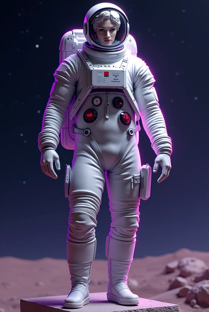 GREEK STATUE DRESSED IN AN ASTRONAUT OUTFIT WITH PURPLE DETAILS