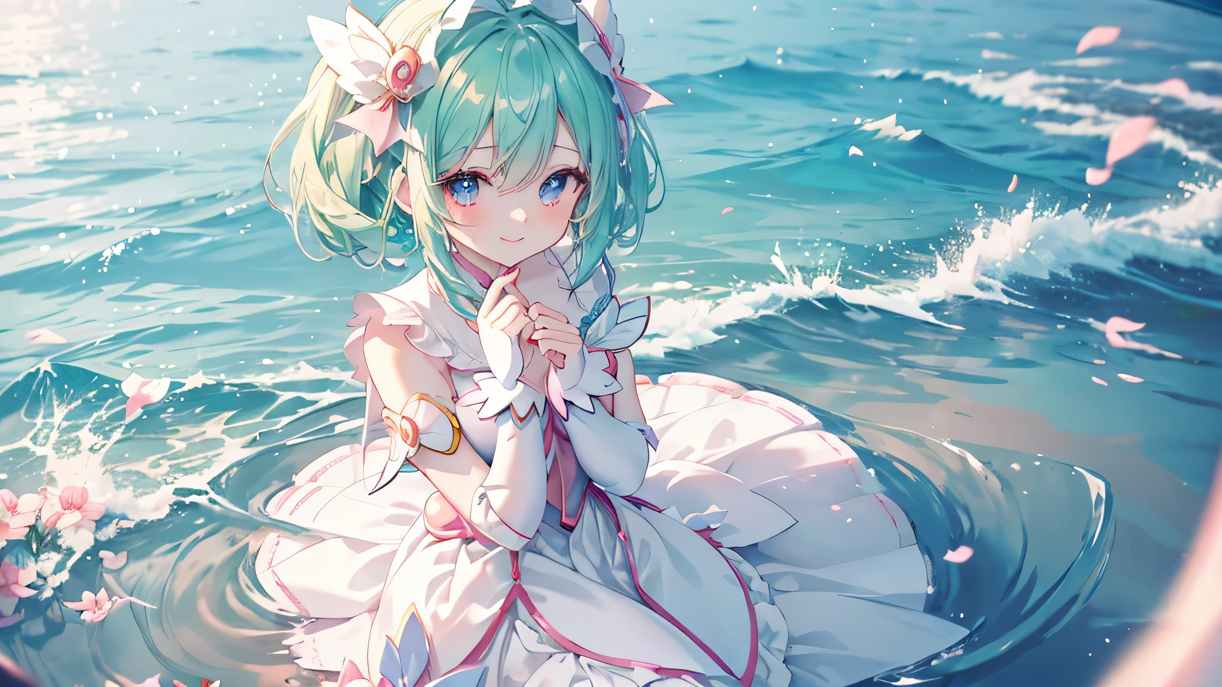 (Top view,Spread your hands), (((Highest quality、masterpiece、Ultra-fine、Ultra-fine、髪UP,Green Hair,Exquisite、Absolute area,dress,16K,cute,Sitting,The best smile,Full HD,)), ( ((summer,One person,かわいいMagical girl,)))Blue Eyes、Long eyelashes、White skin、(Pale pink lips、Pale pink cheeks、thin and long)、((かわいいMagical girl,The best smile)), (One person)) 、(blue sky)) 、 ((Magical girl)