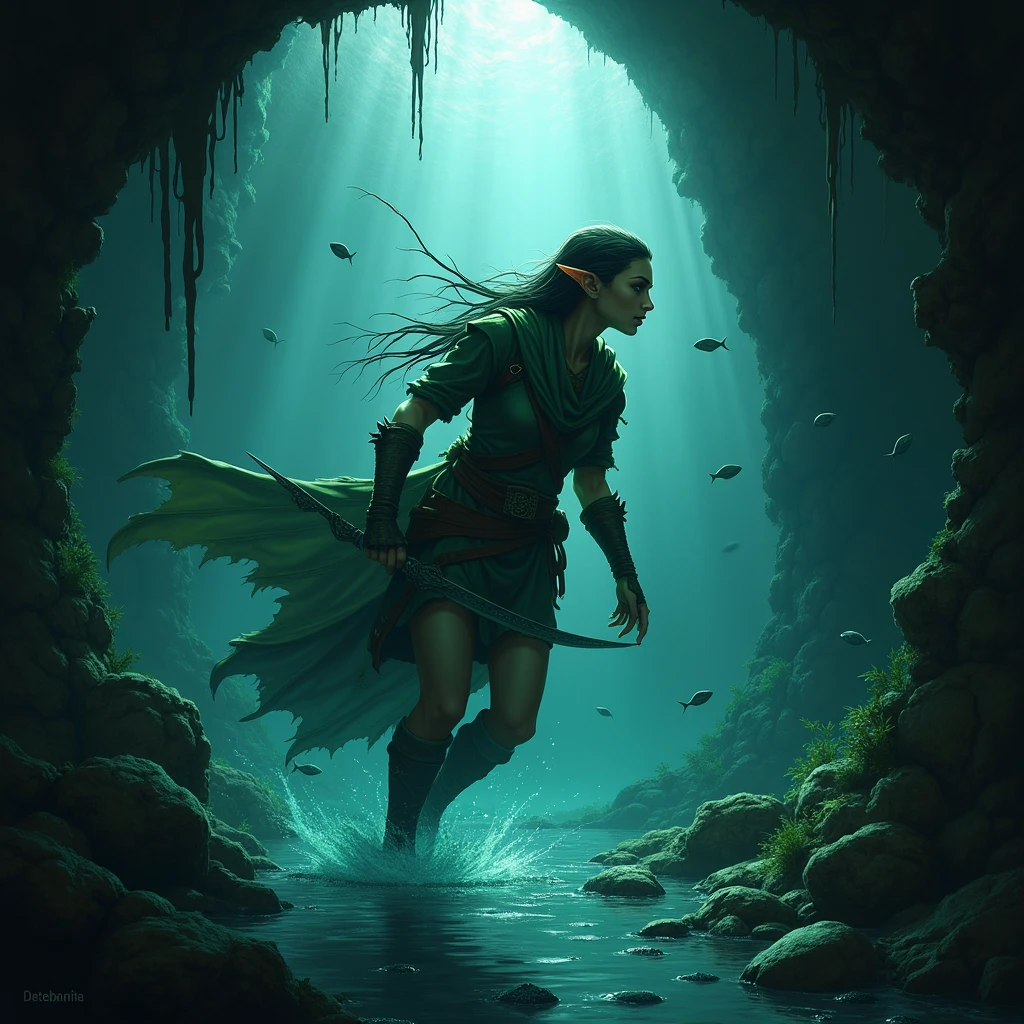 An elven ranger hiding in the water、Dungeons&Dragons