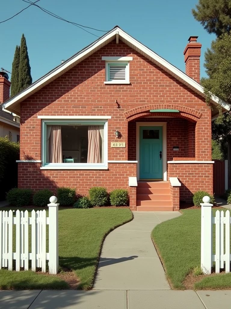 A classic 1980s suburban home in Los Angeles, ideal for a sitcom setting. The house has a warm, inviting feel with a red brick exterior, a well-manicured front lawn, and a white picket fence. The facade features large, white-framed windows with curtains, and a front porch with a wooden swing. The front door is painted a bright color, like teal or red, with a brass knocker. Inside, the living room is cozy with plush furniture, wood-paneled walls, and a retro TV set. The kitchen has colorful linoleum flooring, wooden cabinets, and vintage appliances, with a small dining area nearby. The home feels lively, with family photos on the walls, a mix of patterned wallpapers, and hints of the era’s bold colors. The backyard includes a small patio, perfect for BBQs, and a swing set for kids. The overall vibe is nostalgic and welcoming, perfect for a family-centered sitcom.