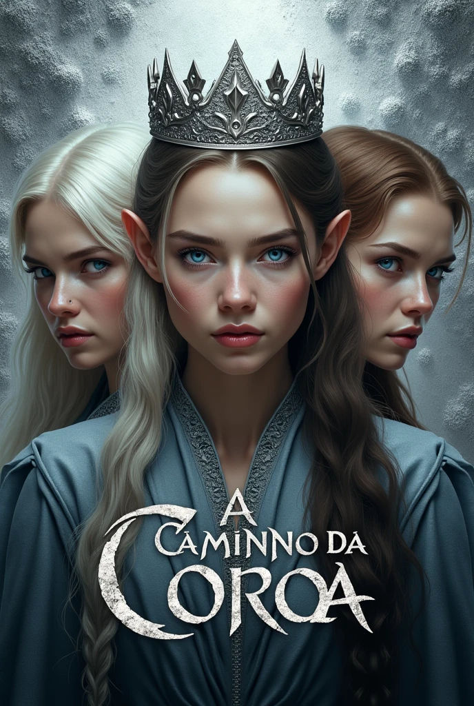 Description: Create a super realistic book cover for a medieval fantasy story. The background of the cover must be silver, with the title "A Caminho da Coroa" prominently, written in a large and imposing font. Above the title, place a detailed and majestic crown.
In the central part of the cover, three young women should appear with intense expressions and hateful looks, in a darker environment. They must have distinct faces and different characteristics, being elves:
First woman: Blonde hair and blue eyes.
Second woman: Platinum hair, almost white.
Third woman: Brown hair.
Make sure the three women are visually different in their faces and hairstyles, with a dark mood surrounding them, contrasting with the clarity of the silver background.