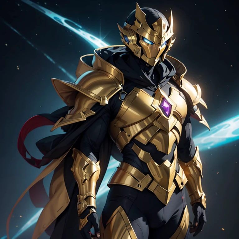 É homem. The image presents a highly detailed and futuristic armor designed for a male warrior. The armor combines elements from different parts to create a cohesive and powerful look.
Helmet: The helmet features a sleek, aerodynamic design with a golden metallic finish. It has a central crest that rises upwards, and the visor glows with a bright blue light, giving it a high-tech, futuristic appearance.
Pauldrons (Shoulder Pads): The shoulder pads are large and wing-like, curving outward and upward, with a polished golden finish. These pads extend slightly beyond the shoulders and include a sleek, angular design, providing both a majestic and powerful look.
Chest Plate: The chest plate is intricately segmented, with a combination of gold and dark metallic blue. It has a gem-like crystal in the center that emits a soft, mystical glow. The design of the chest plate is both protective and regal, with sharp, angular lines that add to the overall futuristic aesthetic.
Arm Guards: The arm guards are sleek and streamlined, with articulated golden and purple segments that offer flexibility and protection. The design of the gauntlets is both robust and elegant, incorporating futuristic elements that blend with the classic style.
Leg Armor: The legs are armored with segmented plates that are primarily gold and purple. The boots are angular and sturdy, with a design that conveys both strength and agility. The overall look of the leg armor is grounded yet sleek, completing the ensemble with a powerful stance.
The background of the image is a dark cosmic scene, filled with distant stars and nebulae that highlight the polished surfaces of the armor. Dynamic lighting is used to emphasize the key features, particularly the glowing visor and central chest gem, reinforcing the mystical and imposing nature of the warrior.