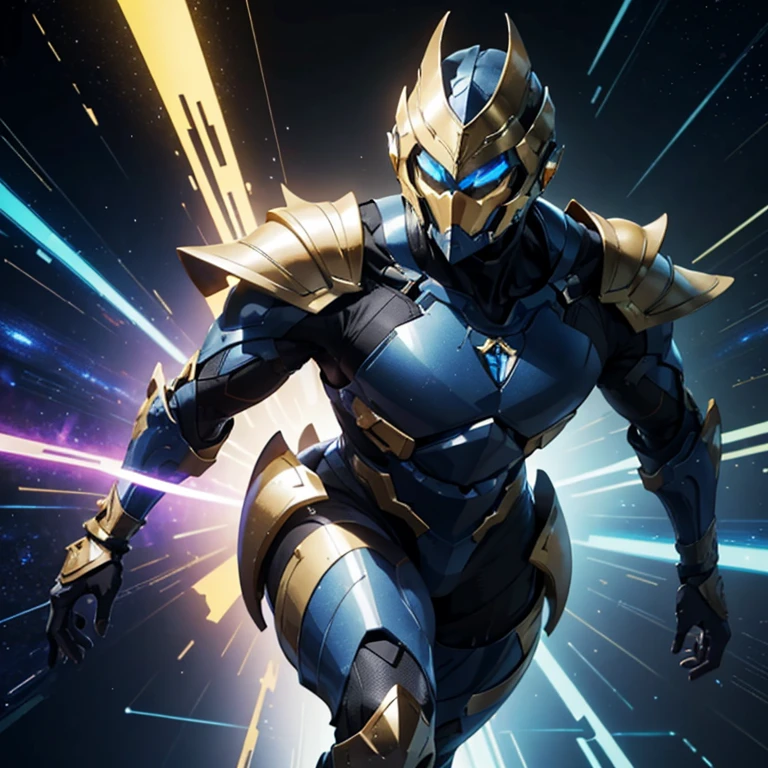 É homem. The image presents a highly detailed and futuristic armor designed for a male warrior. The armor combines elements from different parts to create a cohesive and powerful look.

Helmet: The helmet features a sleek, aerodynamic design with a golden metallic finish. It has a central crest that rises upwards, and the visor glows with a bright blue light, giving it a high-tech, futuristic appearance.

Pauldrons (Shoulder Pads): The shoulder pads are large and wing-like, curving outward and upward, with a polished golden finish. These pads extend slightly beyond the shoulders and include a sleek, angular design, providing both a majestic and powerful look.

Chest Plate: The chest plate is intricately segmented, with a combination of gold and dark metallic blue. It has a gem-like crystal in the center that emits a soft, mystical glow. The design of the chest plate is both protective and regal, with sharp, angular lines that add to the overall futuristic aesthetic.

Arm Guards: The arm guards are sleek and streamlined, with articulated golden and purple segments that offer flexibility and protection. The design of the gauntlets is both robust and elegant, incorporating futuristic elements that blend with the classic style.

Leg Armor: The legs are armored with segmented plates that are primarily gold and purple. The boots are angular and sturdy, with a design that conveys both strength and agility. The overall look of the leg armor is grounded yet sleek, completing the ensemble with a powerful stance.

The background of the image is a dark cosmic scene, filled with distant stars and nebulae that highlight the polished surfaces of the armor. Dynamic lighting is used to emphasize the key features, particularly the glowing visor and central chest gem, reinforcing the mystical and imposing nature of the warrior.