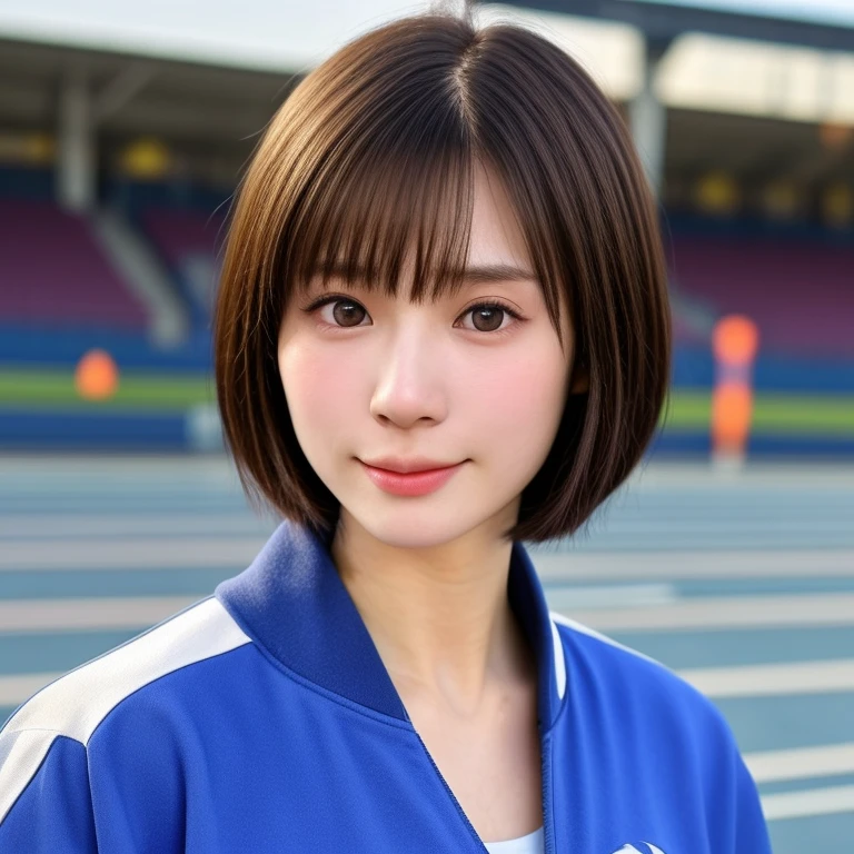 (kawaii 24 year-old Japanese girl, Nogizaka idol, Korean idol), healthy female athlete body, (glossy brown hair, short hair, pixie cut, bangs:1.3), (rounded face, beautiful black eyes, single eyelid, no makeup:1.2), (looking at away, empty eyes, sigh:1.3), (wearing light blue track jacket, sweat jogger pants:1.3), perfect shaped extra small breasts, BREAK, (track and field stadium background), (dynamic angle, bust shot:1.2), BREAK, (masterpiece, best quality, photo realistic, official art:1.4), (UHD, 8K quality wallpaper, high resolution, raw photo, golden ratio:1.3), (shiny skin), professional lighting, physically based rendering, award winning, (highly detailed skin, extremely detailed face and eyes), Carl Zeiss 85 mm F/1.4, depth of field, 1girl, solo,
