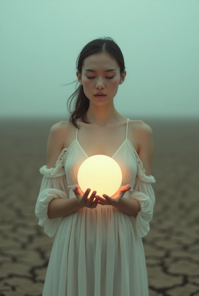 there is a woman holding a ball in a field, albi albi, inspired by Brooke Shaden, by Lucia Peka, Surrealistagraphy photo, Surreal photo, Brooke Shaden detailed, alexei gurylev photography, surreal portrait photography, by Brooke Shaden, Surreal photography, alexei kurylev photography, standing in a barren field