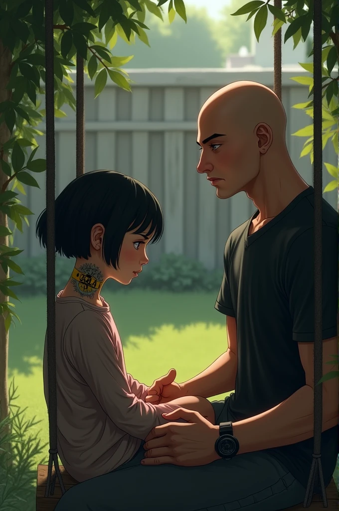 A young girl with short black hair with a bat signal tattoo on her neck, sitting on a swing in a backyard next to a handsome bald man