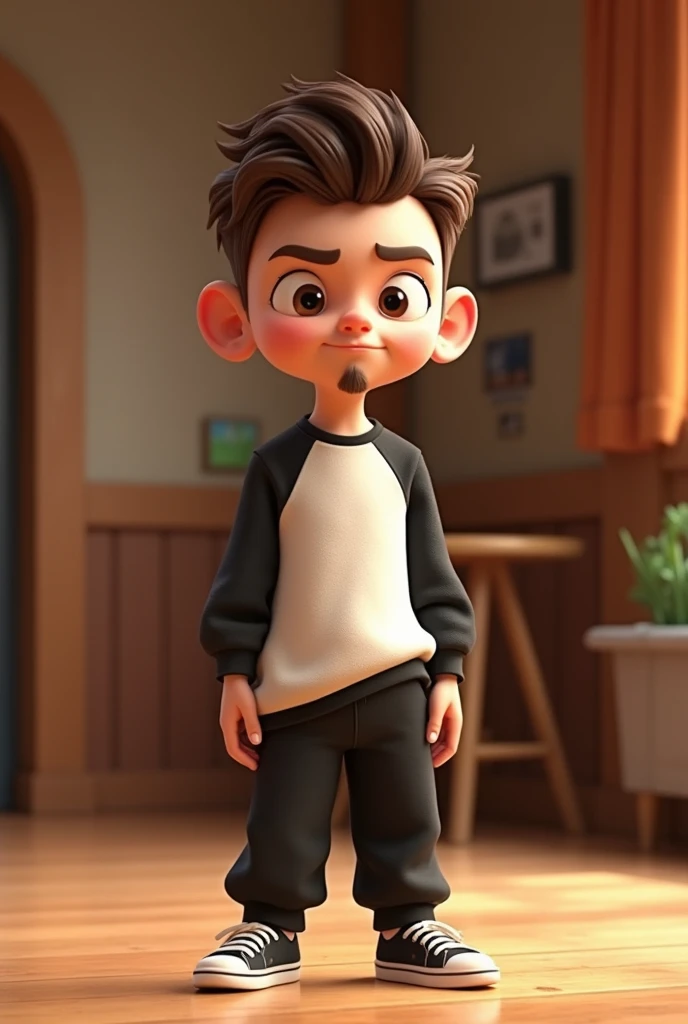 3D pixar style, a 2 young man, white, thin face, thick lips, small brown eyes. White skin, brown wavy hair. Thin goatee In a black and white sweatshirt, black sneakers, with a gold ring on his left finger holding a chaco. In a nunchako room style environment. he have a badboy expression
cabelo curto
