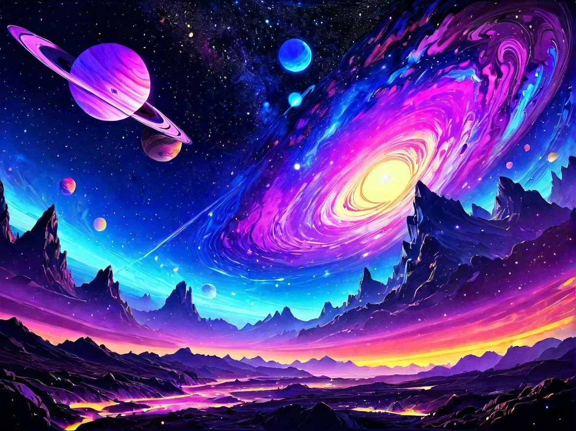 (black light art style:1.3), galaxy teeming with vibrant celestial bodies and cosmic wonders, mesmerizing art piece that captures the awe-inspiring beauty of this cosmic realm, fluorescent paint to bring to life glowing planets, swirling nebulae, distant stars, vibrant and ethereal galaxy that glows under black light, a sense of depth and mystery, (absurdes:1.5)