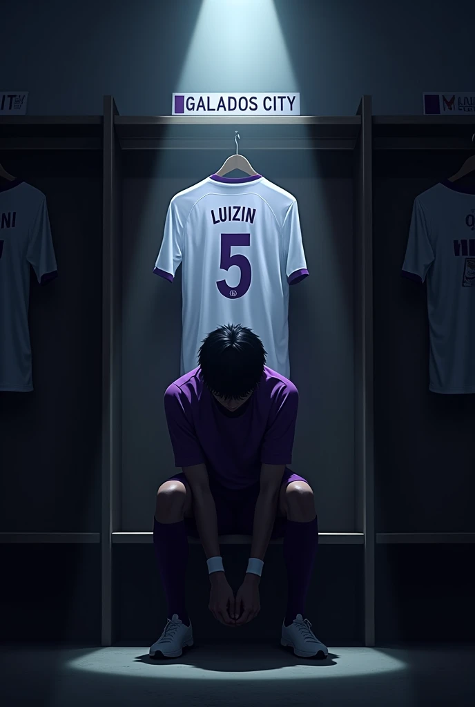 Make an image of ONE player tying his boots alone, with lights completely obscuring his face and him with short black hair, the locker room is dark and the spotlights are shining on him and the Galados City team, uniform in white and purple colors and I want you to put a shirt behind and on top of it with the number 5 and the name LUIZIN. Make your surroundings completely dark. LET HIM keep his head completely down and focused, and I just want 1 shirt behind him. put the team name “Galados City” on a sign above the shirt and below the spotlight. let him sit on a bench. put on just 1 shirt and that shirt will be above it, on a coat rack and below the sign “Galados City”. the shirt above him in purple and white. put the player on his back and looking at his shirt fully focused, make him with medium dark skin and black features and straight hair. PUT YOUR BACK TO IT AND LOOK AT THE SHIRT ON THE HANGER and look focused