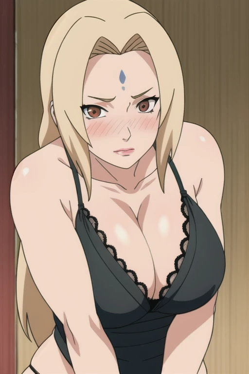 alone focus, alone, close, View your audience, (Lips parted:1.2), (sunlight, bright, sunlight:1.2),((Tsunade)), 1 person,((Tsunade milf physique)),(Forehead mark ), Long Hair, blonde, eye,Hair Clip, eye, smile, from the front,Huge breasts,Thick thighs,((Sharp details High resolution body parts Perfect body parts )),(((blush、blush、Red Nose、blush、blush ))),(Sad expression),((1 person)),(alone), (Black lace lingerie), ((Front view)),((The distance between the viewers is long)),((Are standing))Beautiful white skin with a pinkish tint,4K,8k,16k,ツインテール,