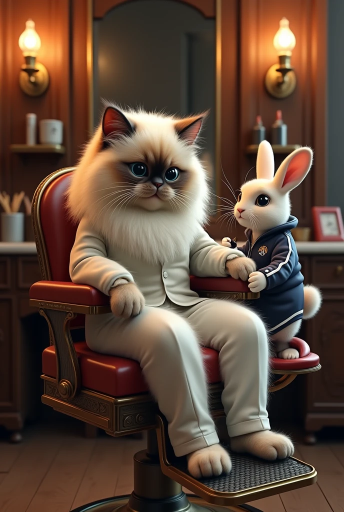 Himalayan cat hairdresser in hairdresser suit styling her hair on luxury chair in rich barber shop Rabbit in tracksuit Realistic and realistic, high definition details and full picture like real
