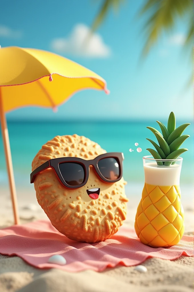 A Maria Puig cookie on the beach with sunglasses and an umbrella with a glass of milk in the shape of a pineapple 