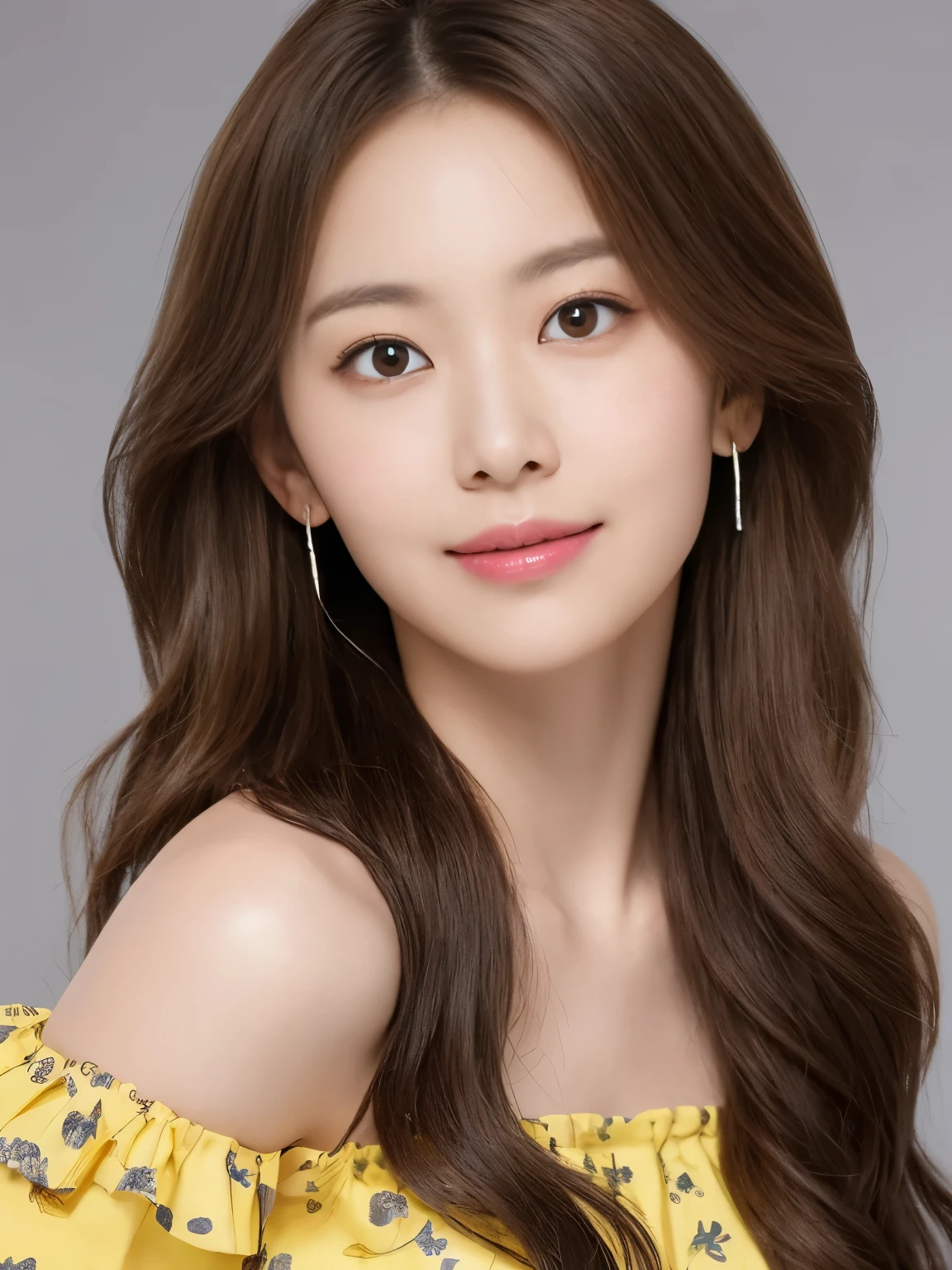 (highest quality、16K high resolution, Super detailed, masterpiece, Live shooting, realistic:1.5, hyper realism:1.5, sharp focus, very delicate and beautiful, small details, bust shot), 3 Japanese woman, 160cm tall, 50kg, bust 84cm, waist 59cm, hips 86cm, heart-shaped face with a pointed chin, shoulder-length layered brown hair styled with soft waves, groomed eyebrows, large expressive brown eyes, a straight nose, full smiling lips, wearing a yellow floral blouse, blue jeans, silver hoop earrings, a few faint freckles adding youthfulness, an overall warm and approachable demeanor, {{{{resembling actress Aya Omasa}}}}, random body orientation,
