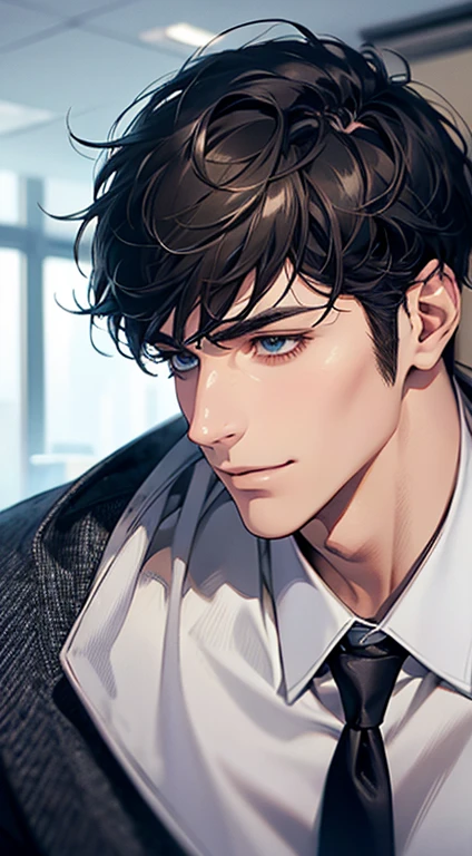 (Highest quality,4K,8K,High resolution,masterpiece:1.2),Super detailed,(Realistic,photoRealistic,photo-Realistic:1.37),1 personld,Mature Man,Beautiful skin、Profile、very handsome,Expressionless,smile,Short gray black hair,blue eyes,Sharp Eyes,A perfect face without a doubt,Businessman,Office Background,Cinema Lighting,HDR image,tie、