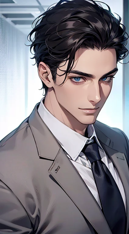 (Highest quality,4K,8K,High resolution,masterpiece:1.2),Super detailed,(Realistic,photoRealistic,photo-Realistic:1.37),1 personld,Mature Man,Beautiful skin、Profile、very handsome,Expressionless,smile,Short gray black hair,blue eyes,Sharp Eyes,A perfect face without a doubt,Businessman,Office Background,Cinema Lighting,HDR image,tie、