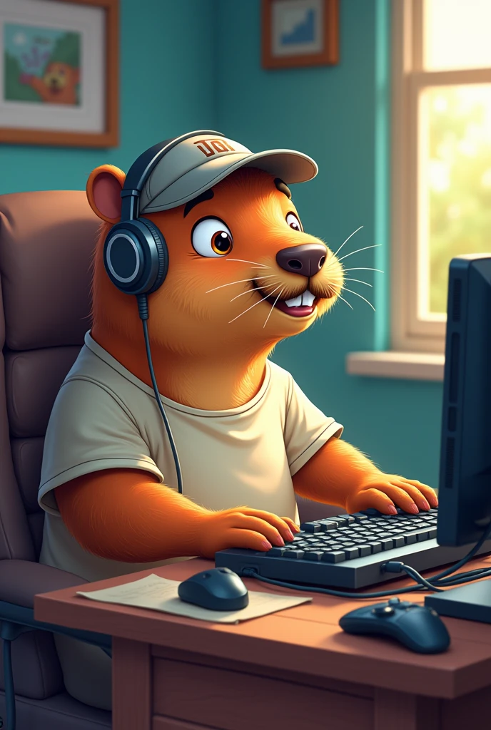 cartoon capybara with mustache playing video game in t-shirt, cap and headphones