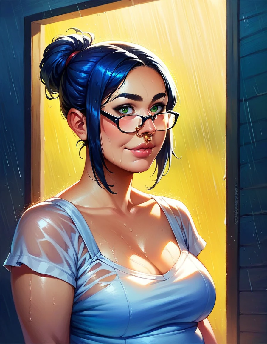 1girl, masterpiece, (chubby), ((dark eyeliner)), best quality, realistic face, black and blue hair with bangs and ponytail, large glasses, , , , green eyes, nose ring, chubby cheeks, long nose, low nose, high lips, dark eyebrows, ((trad blue and grey sundress)) thunderstorm background, ((raining)), ((golden hour lighting)), back porch background, big smile, w3t (full body picture)
wet top, wet hair, t, breasts silhouette