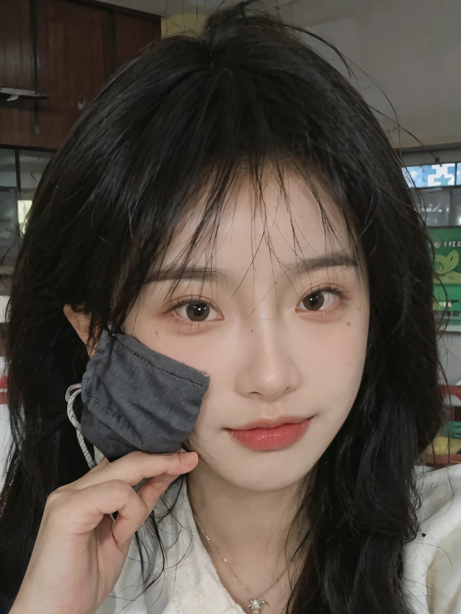 wear mask,Best quality,wear mask,Ultra-high resolution,(Realism:1.4),wear mask,Cute hairpins,girll,Cropped black sweater,wear mask,Look directly at the audience,Full of atmosphere,Beautiful woman with a slim figure:1.4,supermarket,whole body,Super delicate face,Exquisite eyes,Double eyelids,necklace