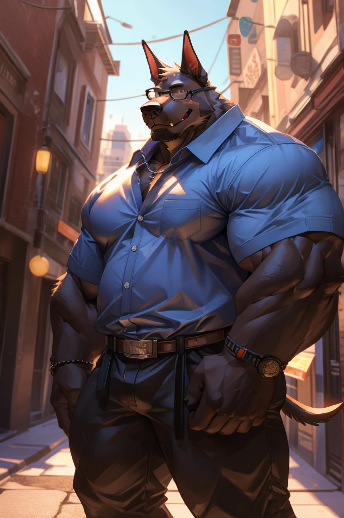1boy, 1man, solo, a (furry doberman) standing, (face, detailed face, glasses), city , front view, massive muscular , sixpack, (shirt), well-muscled old man. ((thick arms, huge pec, huge arms)), wide smiling. Add textures and details to make the image more realistic, such as the appearance of the. Make sure the resulting image is high resolution, 8K quality