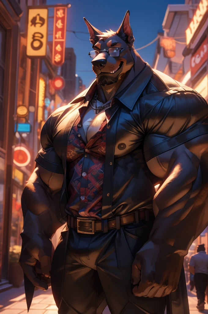 1boy, 1man, solo, a (furry doberman) standing, (face, detailed face, glasses), city , front view, massive muscular , sixpack, (shirt), well-muscled old man. ((thick arms, huge pec, huge arms)), wide smiling. Add textures and details to make the image more realistic, such as the appearance of the. Make sure the resulting image is high resolution, 8K quality