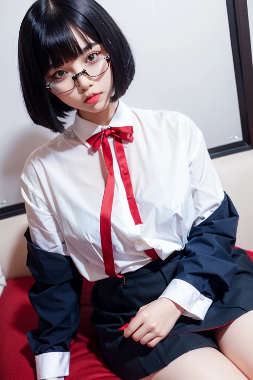 Black hair bob cut、White long sleeve shirt、Red ribbon、Dark blue suspender skirt、Plump、Black-rimmed glasses