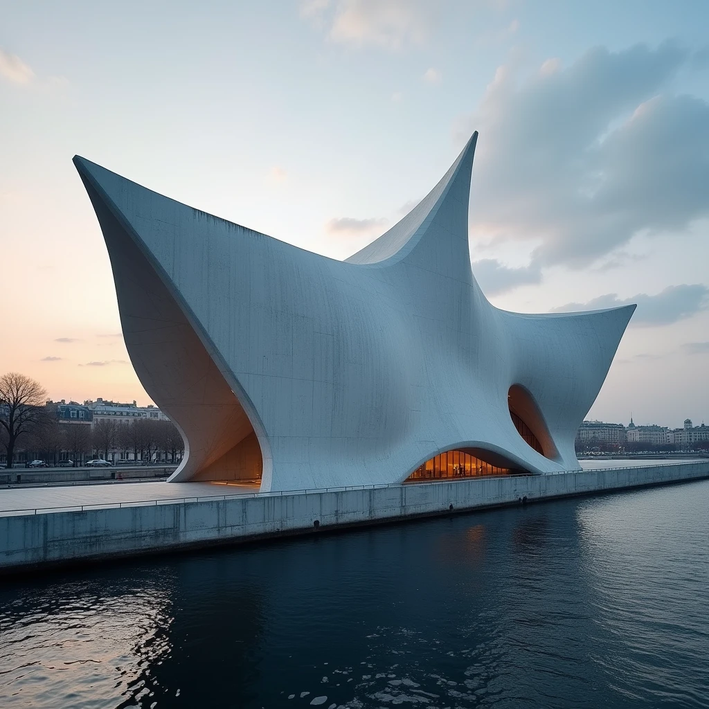 Artistic photographic image of a Museum designed by Tadao Ando, inspired by the form of a blue sea dragon, located in the heart of Paris BY THE RIVER. The design is modern yet minimalist, featuring smooth concrete surfaces and fluid, curved lines. The scene is set at sunset, with dramatic, cinematic lighting that enhances the complex play of shadows and illumination on the building’s surfaces. The backdrop is a Parisian cityscape, with the building standing out as a striking, sculptural centerpiece against the evening sky."