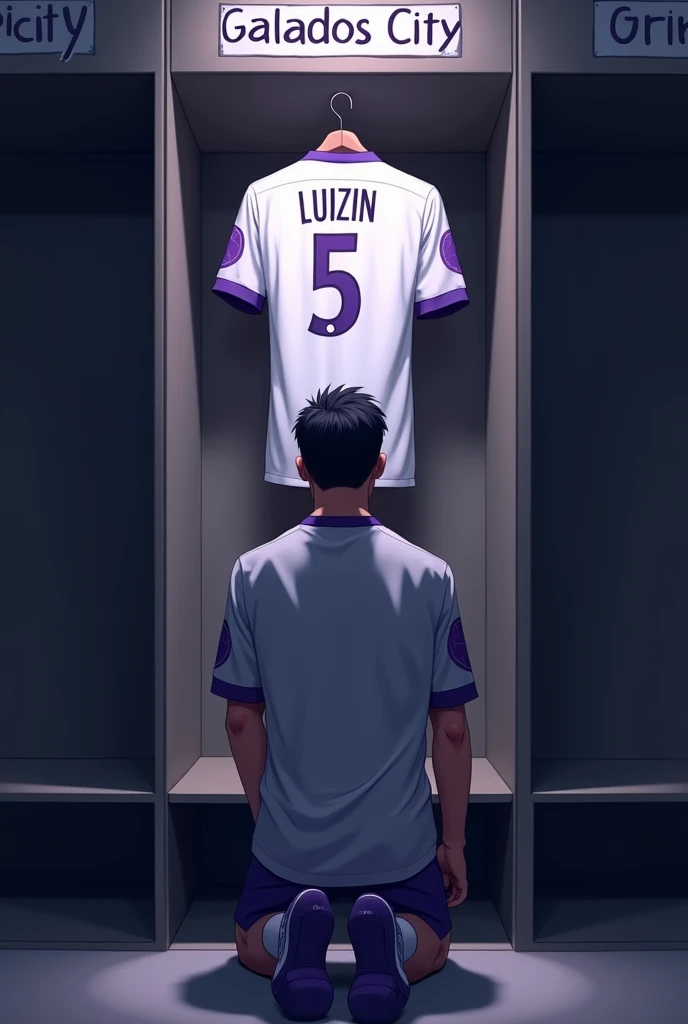 football locker room with a football player's cabin in this cabin there will be a white shirt with purple details (minimalists) on the collar and at the tip of the sleeve the shirt must be showing the back with the name LUIZIN highlighted and the shirt number must be number 5, the cabin at the top must contain the name of the club which is GALADOS CITY, all ambient light must be off, only the light of the sign with the name GALADOS CITY and a low light above the shirt indicating prominence must be on. (The image should be centered and not too far away) and the player with slightly dark skin, short black hair with a gradient and a beard showing that he cares about the current fashion style must be wearing pre-game clothes different from the shirt that is hanging in the locker room, the one he is wearing is gray with purple details on the sleeve and collar of the shirt and on the shorts, the player in the image must be on his knees facing forward with his head down (indicating pre-game concentration)