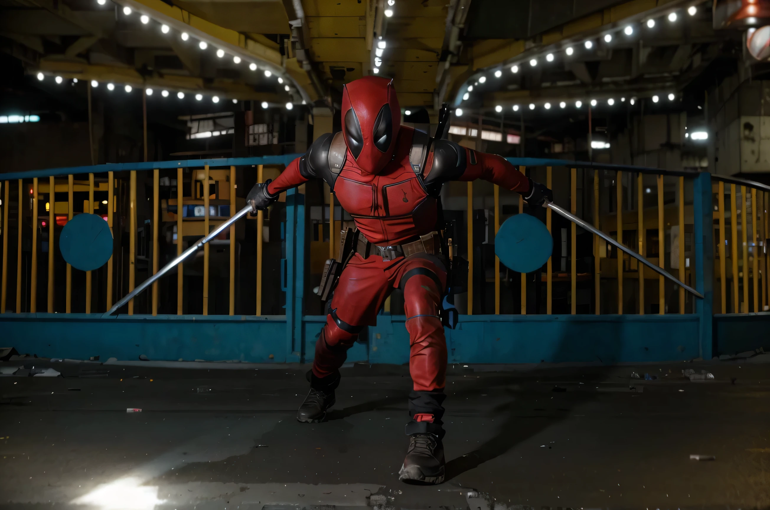 (Best quality, 8k, 32k, Masterpiece, UHD:1.2) To transform the setting of the image into the iconic freeway overpass scene from the first Deadpool movie, imagine an urban, gritty environment. The overpass is a concrete giant, with multiple lanes of traffic either side of the central divider. The concrete walls are stained with years of wear, and the road surface is cracked in places, showing signs of heavy use. Above, the sky is a cloudy gray, adding to the grimy atmosphere. The overpass rises above a chaotic mix of roadways below, crisscrossed with smaller roads and alleys.

Lining the sides of the freeway, you might see rusted metal barriers, graffitied and dented from countless collisions. In the distance, tall, nondescript buildings loom, their windows reflecting the dim light. The scene is tense, with an underlying sense of danger, as if something explosive is about to happen. The setting is stark, with minimal distractions, drawing all attention to the center where the action is about to unfold.

Everything about this environment screams urban decay and imminent chaos, a perfect stage for Deadpool’s outrageous and chaotic battle. The whole atmosphere is raw and unrefined, perfectly matching Deadpool’s irreverent and over-the-top style.