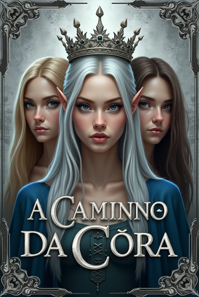 Description: Create a super realistic book cover for a medieval fantasy story. The background of the cover must be silver, with the title "A Caminho da Coroa" prominently, written in a large and imposing font. Above the title, place a detailed and majestic crown.
In the central part of the cover, three young women should appear with intense expressions and hateful looks, in a darker environment. They must have distinct faces and different characteristics, being elves:
First woman: Blonde hair and blue eyes.
Second woman: Platinum hair, almost white.
Third woman: Brown hair.
Make sure the three women are visually different in their faces and hairstyles, with a dark mood surrounding them, contrasting with the clarity of the silver background.