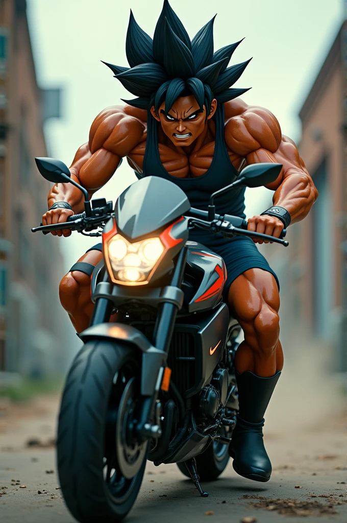 A photo of super broly on a motorcycle dressed in nike