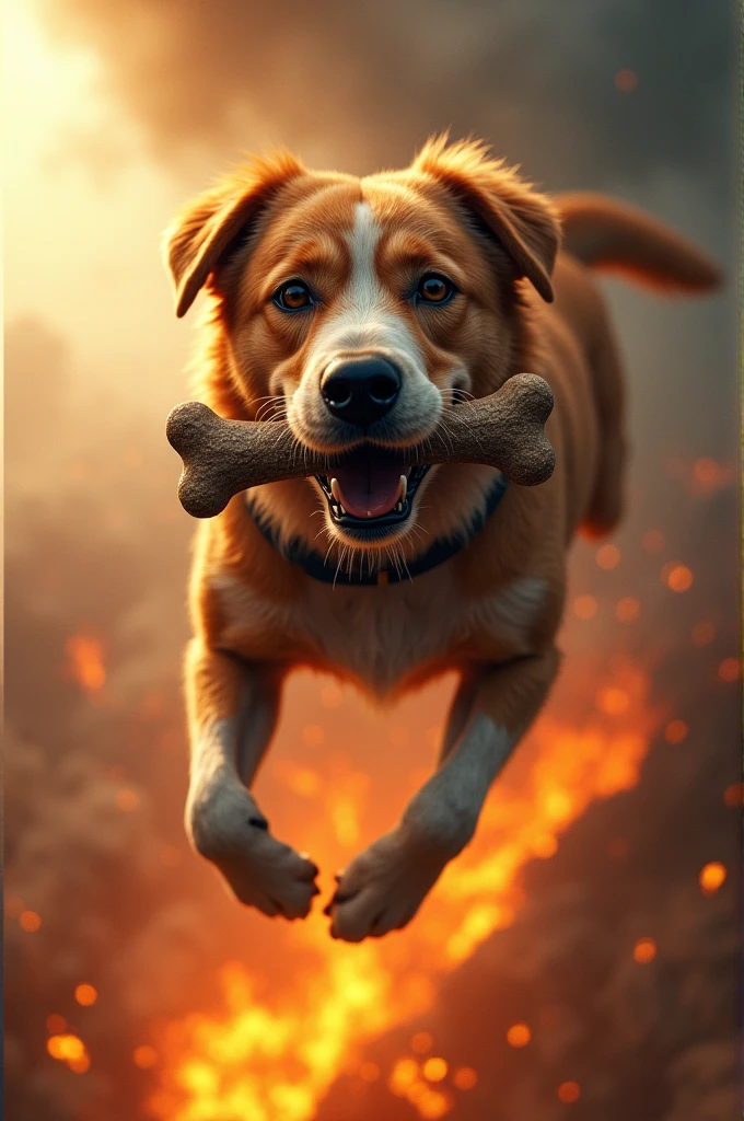 Dog flying over a fire with a bone in its mouth