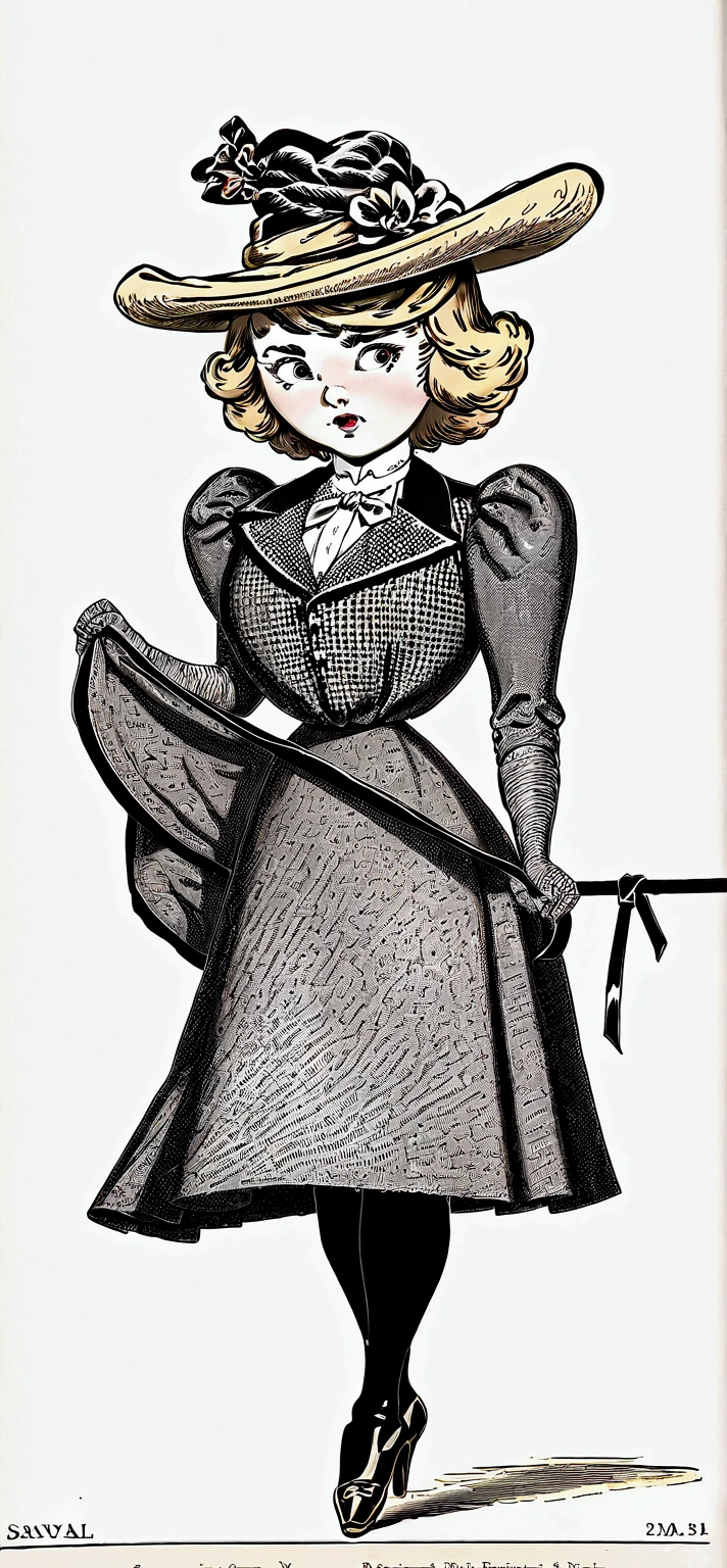 Lola Loud, a pretty yo blonde Gibson Girl of the 1900s flirting with the dirty 69yo judge of a beauty pageant, daintily lifting her skirts to reveal her high-waisted bloomers, garter silk stockings and boots. Year 1901. 1900_dr3ss. High-collar long sleeve shirtwaist, wide-brimmed Florodora hat, knee-length skirt, petticoats. Flat chested, wasp waist, bubble butt. Long hair. Big booty