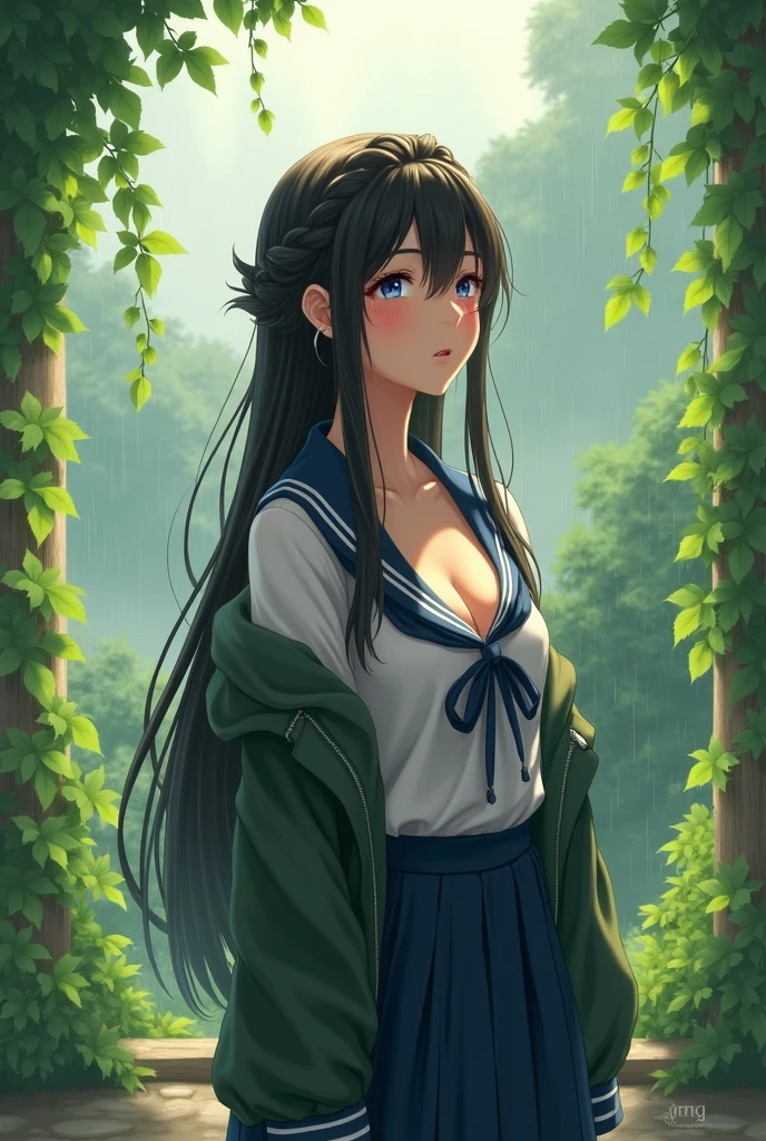 , (beautiful girl: 1.3),1girl,masterpiece, Highest quality, Ultra-high resolution,rich contrast,super high quality,8k,Highly detailed CG unit wallpaper,texture,Incredibly absurd,Ultra-high resolution,RAW Photos,Depth of Field 1.2,overlooking,(magnificent panorama view:1.3),(High School Uniform&Pleated skirt:1.5),Black Hair,Crown braid,Ultra-detailed eyes,(sensuous),Glowing Skin,loafers,leaves dripping with rain,sunlight through trees,post-rain aroma,Her jacket is open and her breasts are exposed,blush,Sigh,look up,(((Wet))),((Large Breasts)),After the Rain,pencil drawing