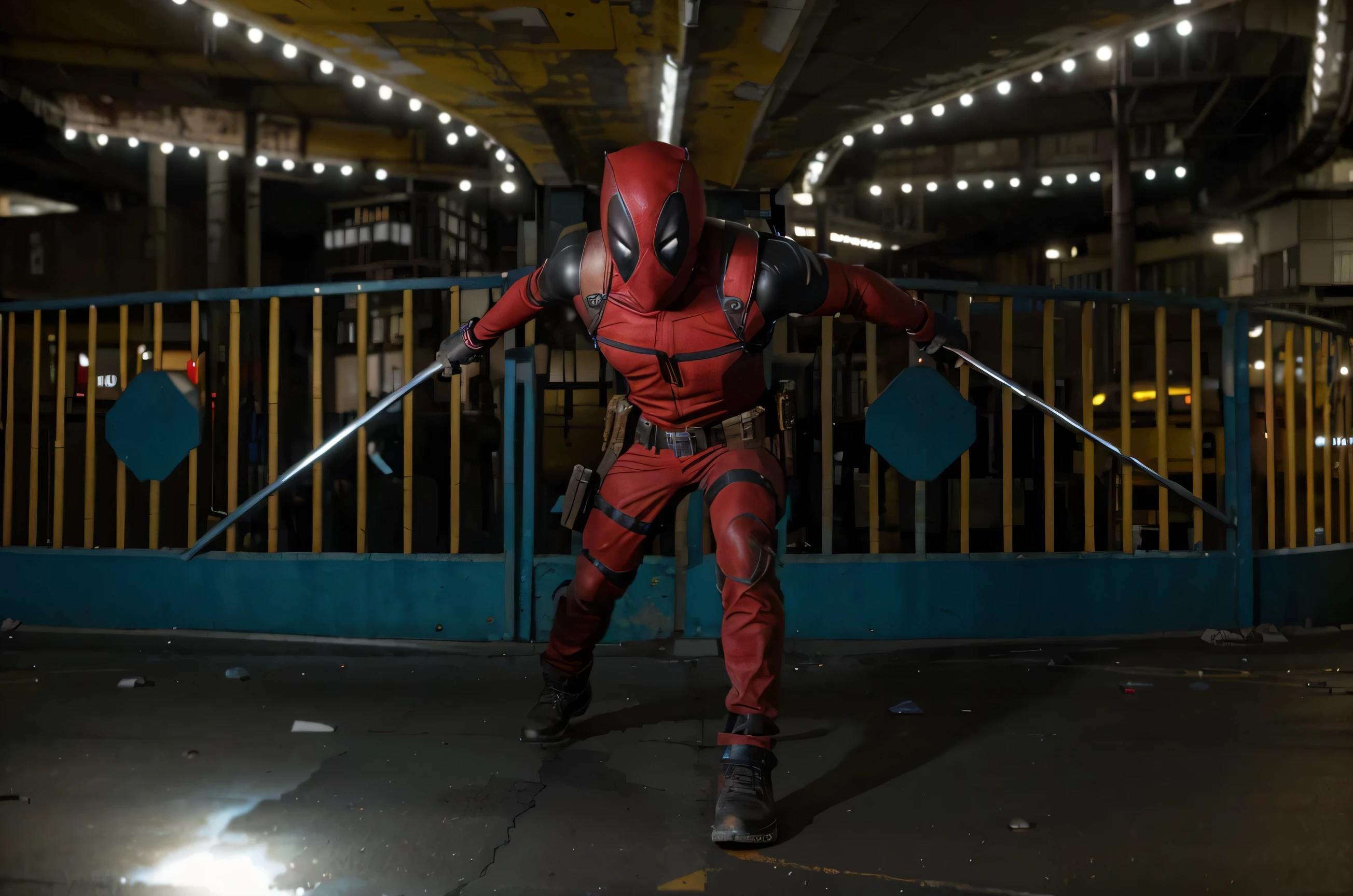 (Best quality, 8k, 32k, Masterpiece, UHD:1.2) To transform the setting of the image into the iconic freeway overpass scene from the first Deadpool movie, imagine an urban, gritty environment. The overpass is a concrete giant, with multiple lanes of traffic either side of the central divider. The concrete walls are stained with years of wear, and the road surface is cracked in places, showing signs of heavy use. Above, the sky is a cloudy gray, adding to the grimy atmosphere. The overpass rises above a chaotic mix of roadways below, crisscrossed with smaller roads and alleys.
Lining the sides of the freeway, you might see rusted metal barriers, graffitied and dented from countless collisions. In the distance, tall, nondescript buildings loom, their windows reflecting the dim light. The scene is tense, with an underlying sense of danger, as if something explosive is about to happen. The setting is stark, with minimal distractions, drawing all attention to the center where the action is about to unfold.
Everything about this environment screams urban decay and imminent chaos, a perfect stage for Deadpool’s outrageous and chaotic battle. The whole atmosphere is raw and unrefined, perfectly matching Deadpool’s irreverent and over-the-top style.