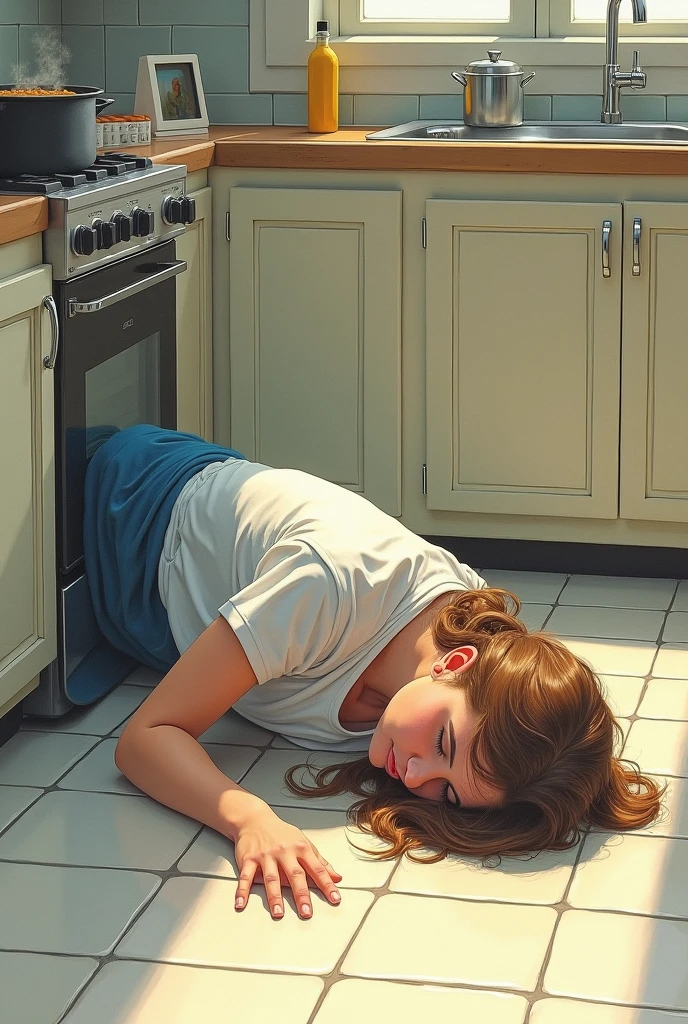drawn in the form of a colored drawing, a woman passed out with a cloth over her forehead on the floor of an extremely clean kitchen and a pot of soup on the stove