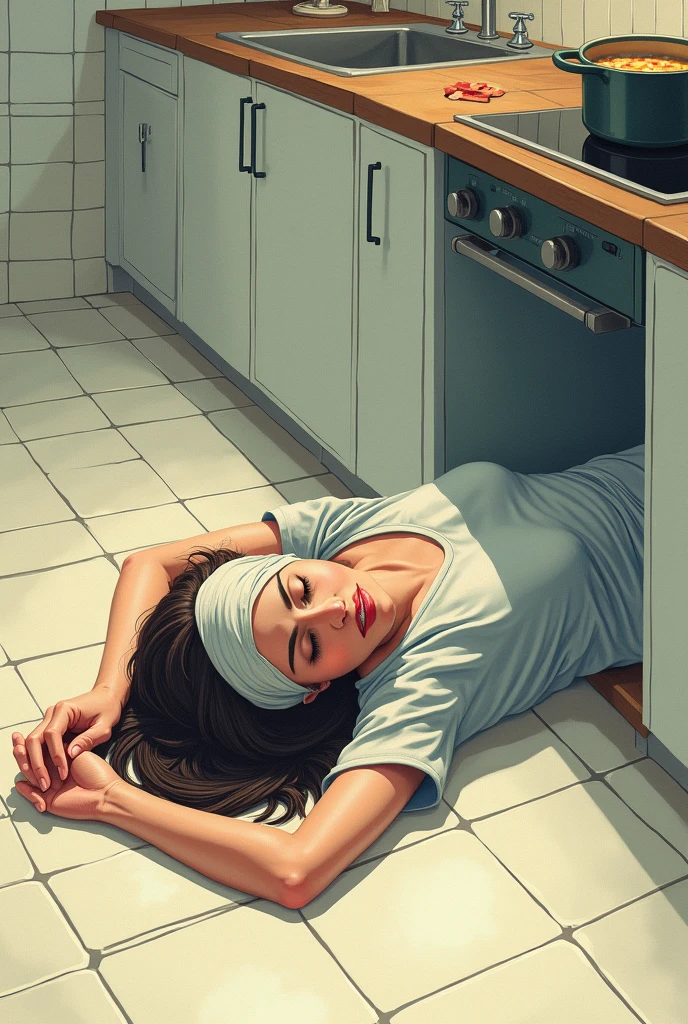 drawn in the form of a colored drawing, a woman passed out with a cloth over her forehead on the floor of an extremely clean kitchen and a pot of soup on the stove