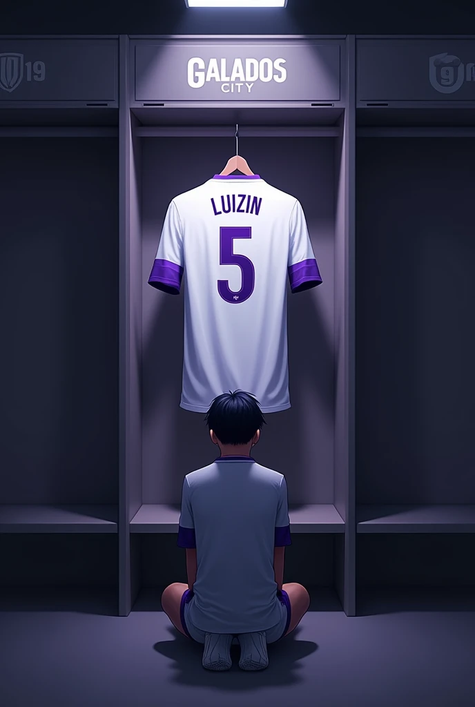football locker room with a football player&#39;s cabin in this cabin there will be a white shirt with purple details (minimalists) on the collar and at the tip of the sleeve the shirt must be showing the back with the name LUIZIN highlighted and the shirt number must be number 5, the cabin at the top must contain the name of the club which is GALADOS CITY, all ambient light must be off, only the light of the sign with the name GALADOS CITY and a low light above the shirt indicating prominence must be on. (The image should be centered and not too far away) and the player with slightly dark skin, short black hair with a gradient and a beard showing that he cares about the current fashion style must be wearing pre-game clothes different from the shirt that is hanging in the locker room, the one he is wearing is gray with purple details on the sleeve and collar of the shirt and on the shorts, the player in the image must be on his knees facing forward with his head down (indicating pre-game concentration) 