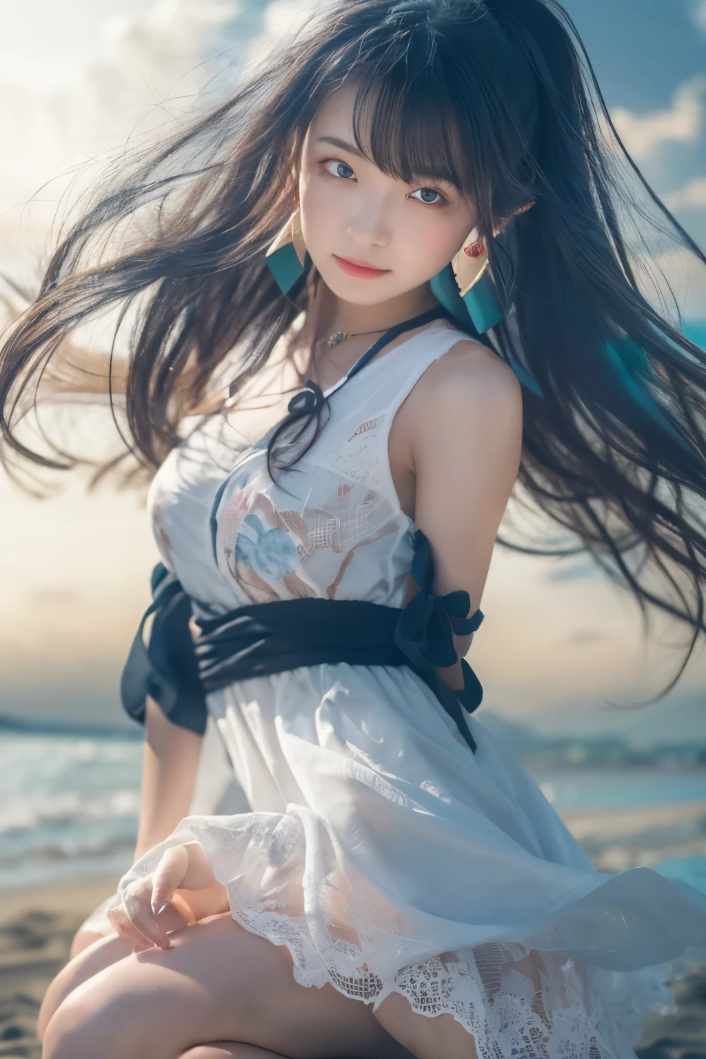 1 girl, (Wear a clean white summer dress:1.3), Very beautiful Japanese idol portraits, 
(RAW Photos, highest quality), (Realistic, Realistic:1.4), (masterpiece), 
Very delicate and beautiful, Very detailed, 2k wallpaper, wonderful, finely, Very detailed CG Unity 8k 壁紙, Very detailed, High resolution, Soft Light, 
Beautiful detailed girl, Very detailed目と顔, Beautiful and sophisticated nose, Finely beautiful eyes, Cinema Lighting, 
(Fashion magazine photography:1.3), (Sunset at sea), (The deep indigo of the night sky contrasts with the last vestiges of crimson near the horizon.:1.3), (Dark Background), (Swaying Waves), 
(Semi-long hair), (The girl is squatting on the beach:1.4), (Silhouette of a girl),
Complete Anatomy, Slender body, Small breasts