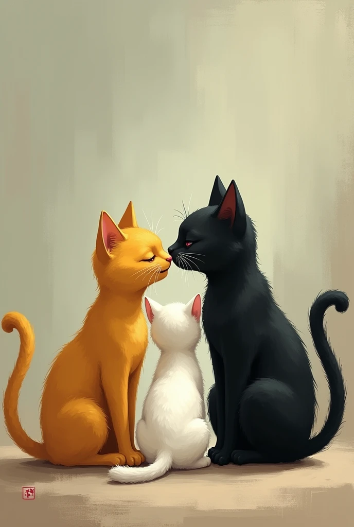 A yellow cat and a black cat are sad because a white kitten doesn&#39;t love them.