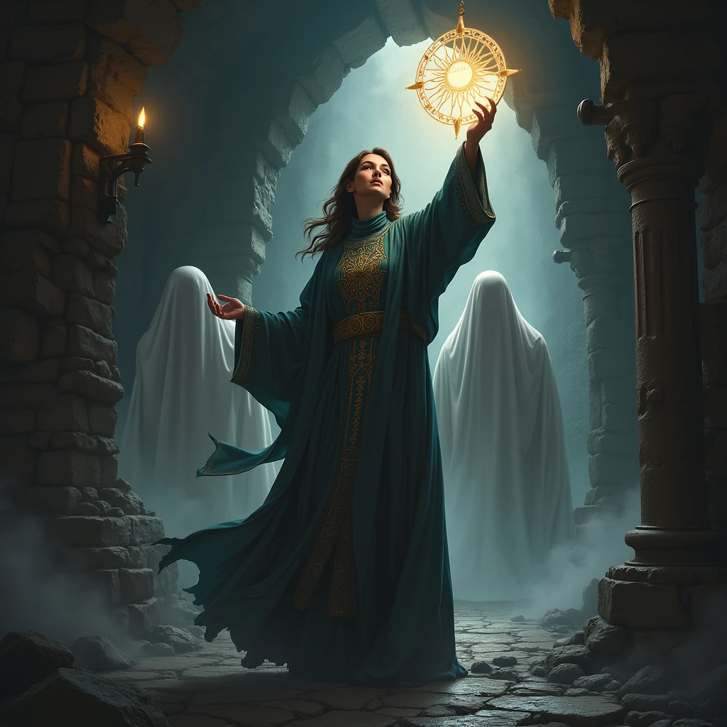 A female priest holds up a holy symbol to ward off ghosts.、Dungeons&Dragons