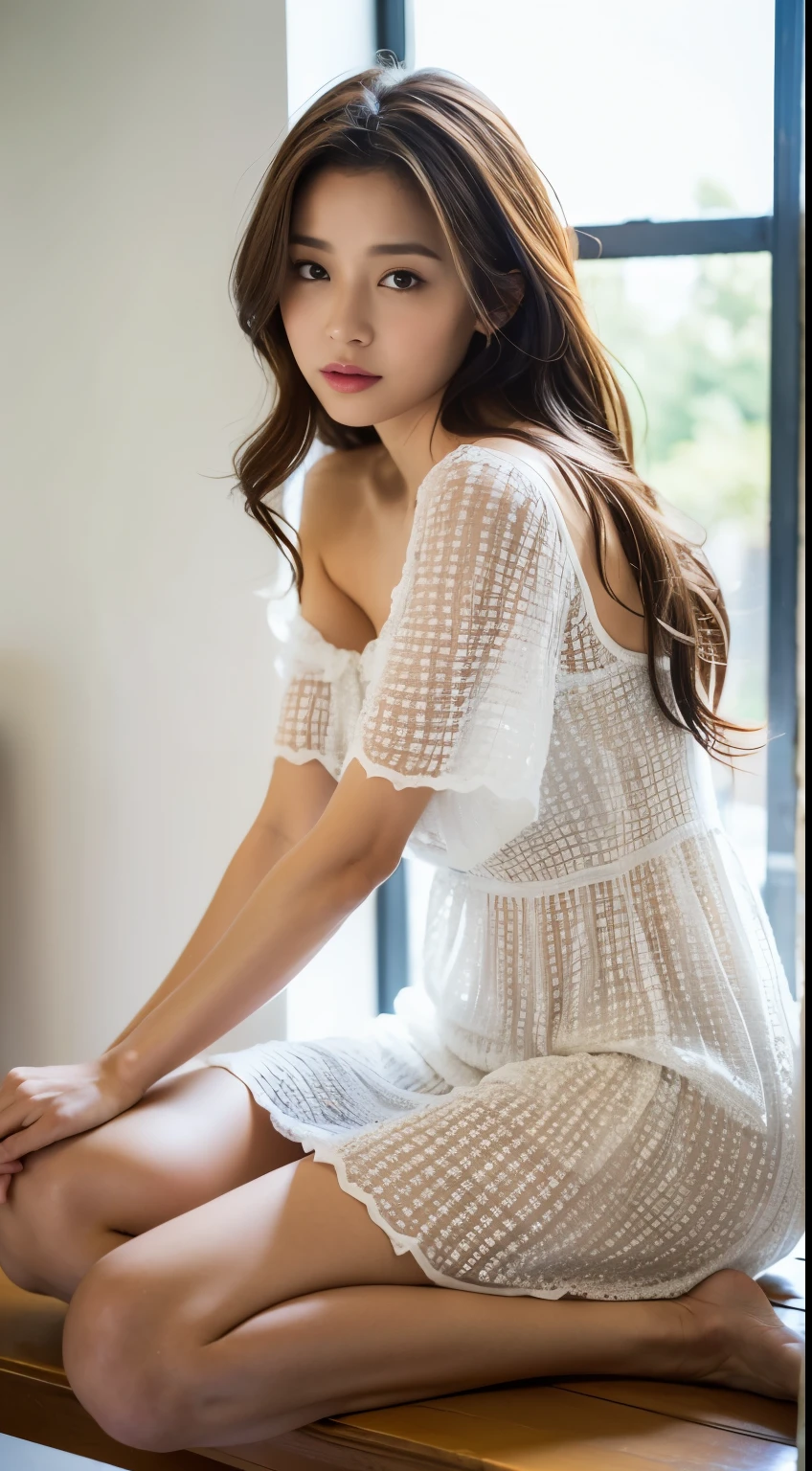 Dark brown hair、Light brown eyes、Japanese actress、 Lady、I am about 40 years old...、(Intricate details:1.2)、(Which is higher???:1.4)、 (Ultra-high resolution:1.2)、Ultra-high resolution、(Fine-tune)、(Detailed facial features)、Hmph、8k resolution、D cup size breasts、Long Hair、Large windows、Extravagant space、relax、、,Full body photo、Head to toe shot、Beautiful feet、Camisole dress、Beautiful feet、A refreshing room filled with sunlight、she, household items, (plant:0.8), Fashion Hub, Extremely detailed, Very detailed, Realistic, Hourglass Shaped Body, Obscene pose,、、私 cry a lot、tears、person on the left、White wall、White floor、diagonally from below、please lift your chin、sit on the table、Relaxed expression、Pose of Weakness、(auraroid photo:1.2)、From outside the window、Transparent painting、8k、32K、Highest quality、(Details of both eyes)、1 person、elegant、(Loose dress :1.4)、sunset、sit、(Low - Angle、From what angle are you looking at this??:1.2)、Hilarious、Leaning against a wall、Show me your back.、